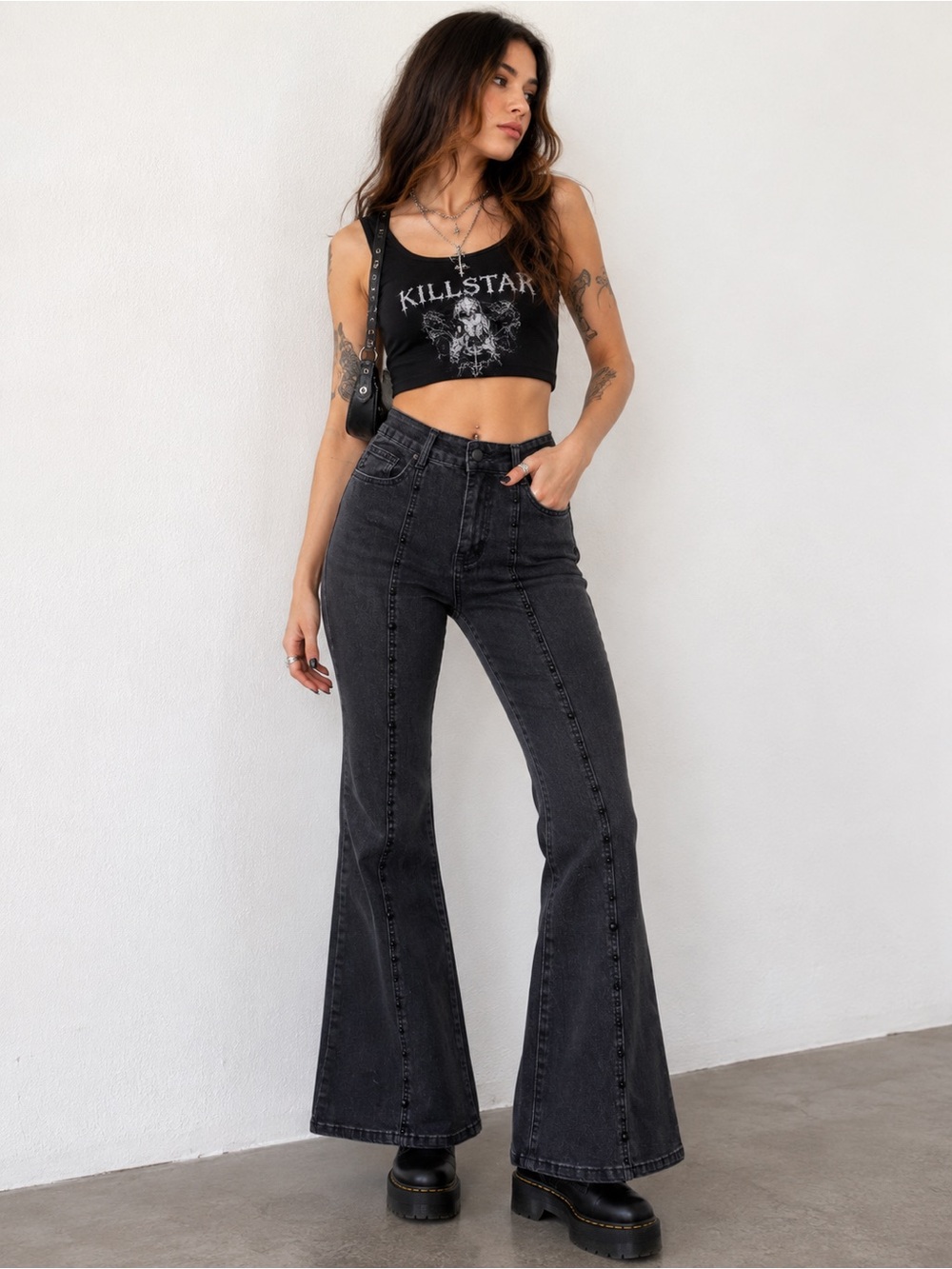 Killstar Studded Flare Jeans Black Washed Gothic High Rise Bell Bottom Size S